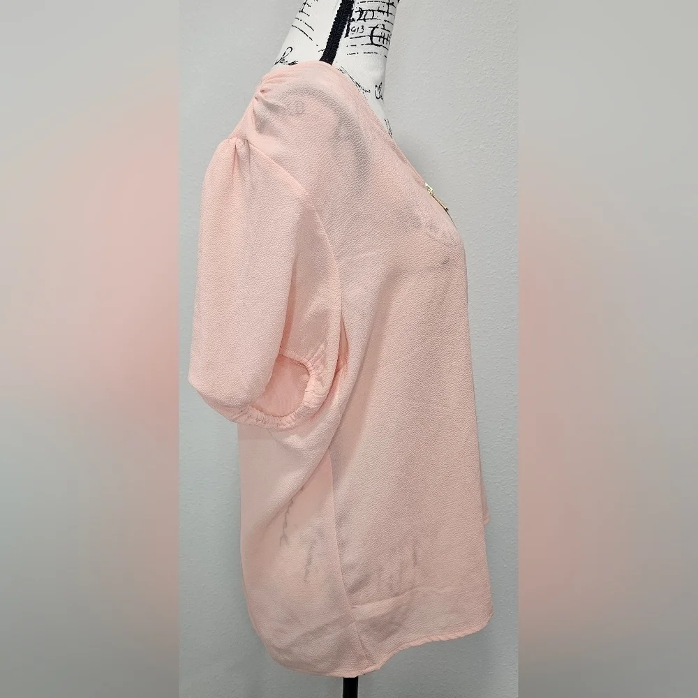 Michael Kors Women’s Sheer Solid Peach Short Sleeve Half Zip Blouse Size L
